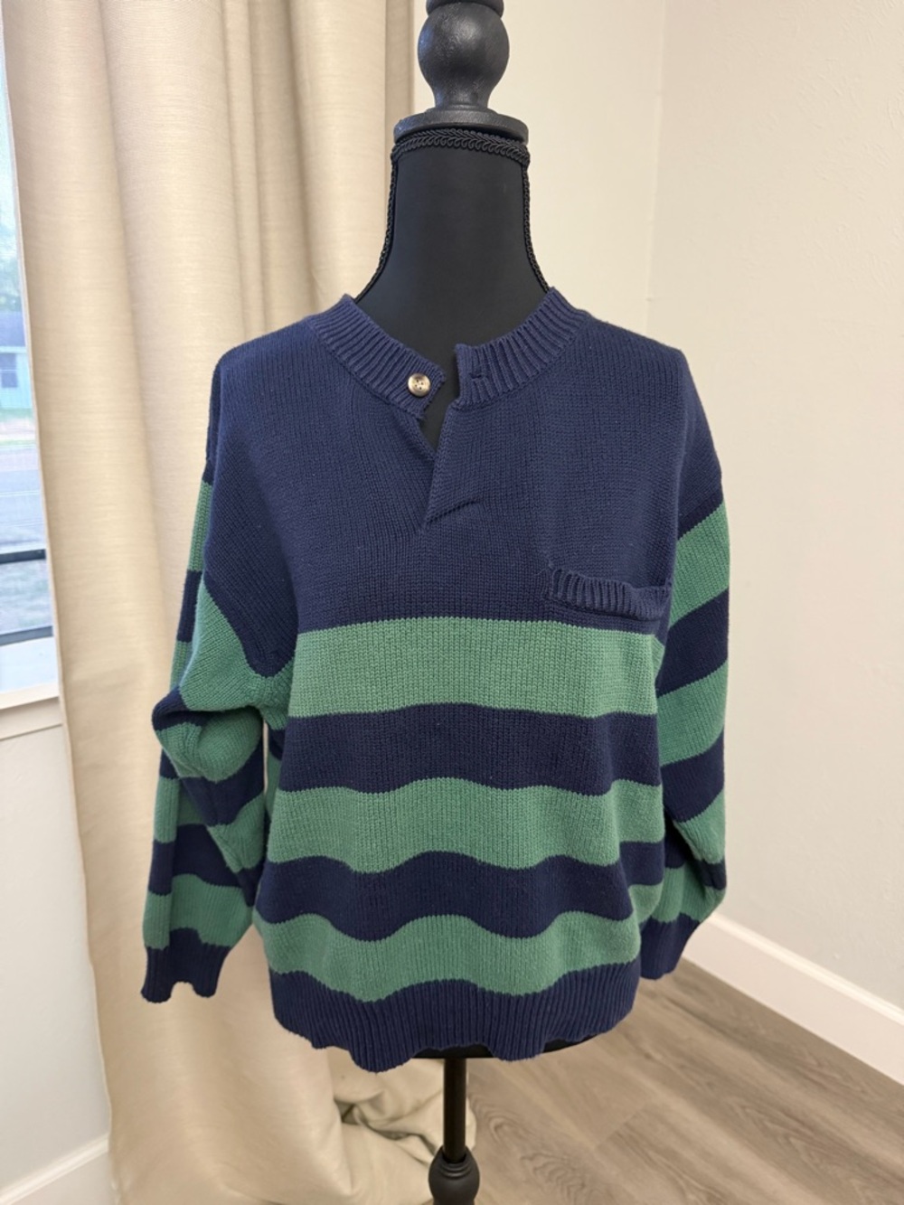Vintage Esprit Navy and Green Striped Crew Neck Button Pullover Sweater